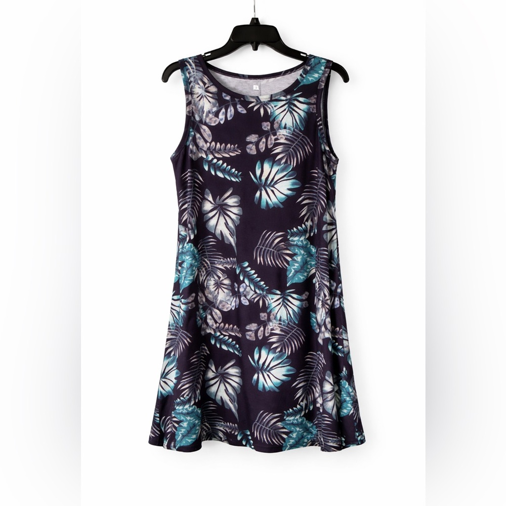Tropical Print Sleeveless Dress | A-Line Swing Dress | Teal Navy Summer